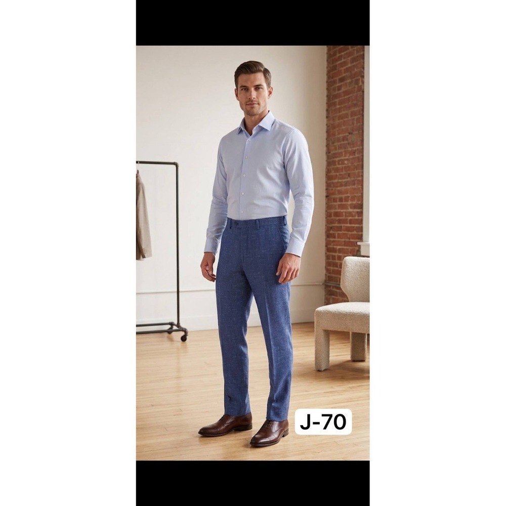 New Wool Linen Silk Stretch Trousers Mens EU 48 US 33 Slim Fit Blue Pants NWT